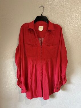 Anthropologie Maeve Matilda Red White Polka Dot Button Collared Shirt Sz M Chic